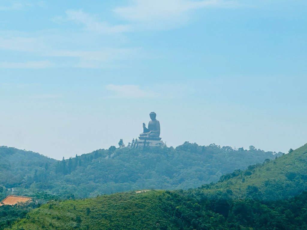 Photo by Andy Bridge a large buddha statue sitting on top of a lush green hillside