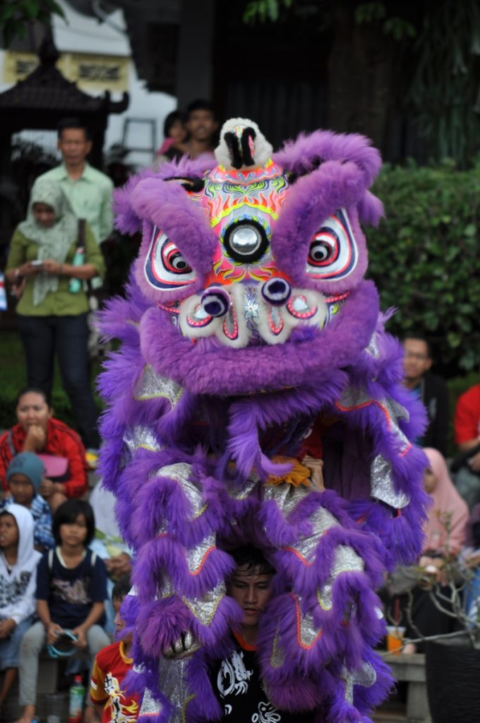 Photo by Donny Haryadi a man in a purple lion costume standing in front of a crowd